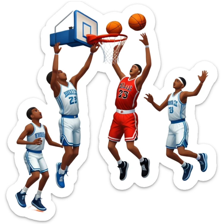 An icon featuring a basketball court with players in action, inspired by NBA 2K25. A player jumps for a dunk, with the ball mid-air. Bright lights illuminate the court, symbolizing the excitement of sports simulation games. Transparent background emphasizes the energy. sticker
