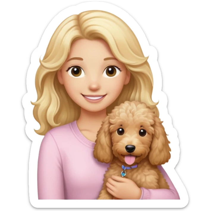 blonde girl with long hair wearing light pink smiling holding tan goldendoodle sticker
