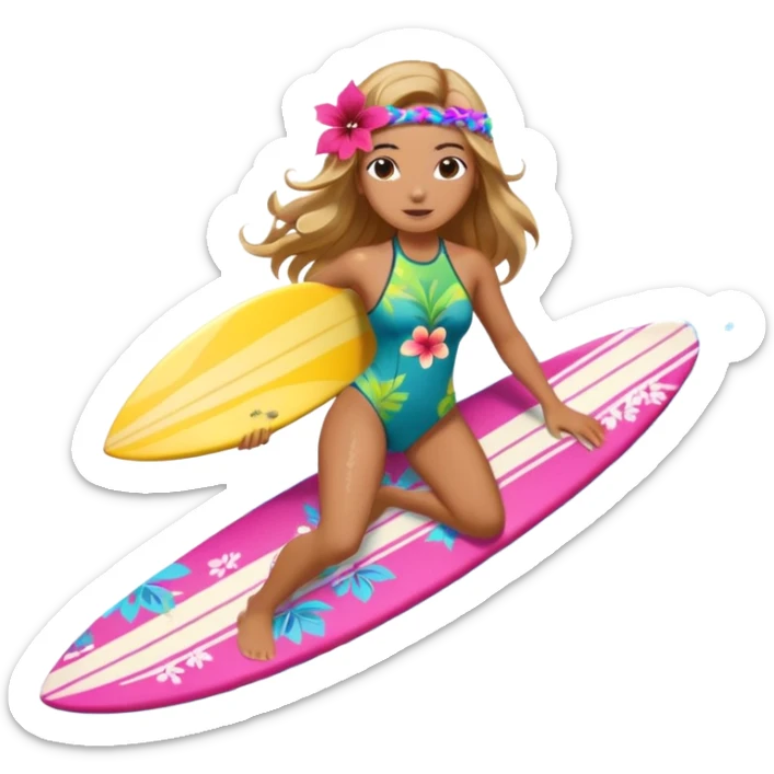 cute female surfer riding waves, hibiscus flower in hair, tropical swimsuit, colorful surfboard with Hawaiian patterns, water splash, 3D cartoon, mobile game icon style, clean background, no text sticker
