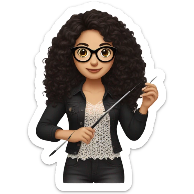 Hispanic woman with black glasses and long dark brown curly hair holding crochet needle and yarn wearing a black lace shirt sticker