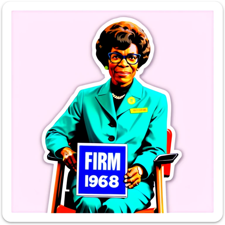 Shirley Chisholm sitting in a folding chair holding a sign that says Firm 1968 sticker