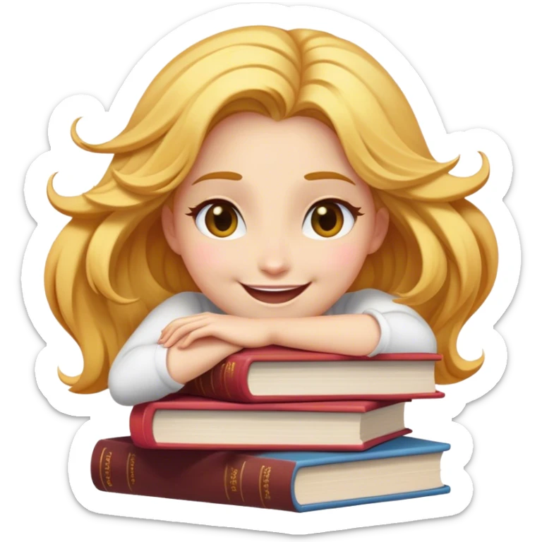 Cinematic Adorable Belle Portrait Emoji, Giggling as she hugs a stack of books, eyes twinkling with excitement, golden hair tousled slightly, a perfect mix of beauty and endearing nerdiness! sticker
