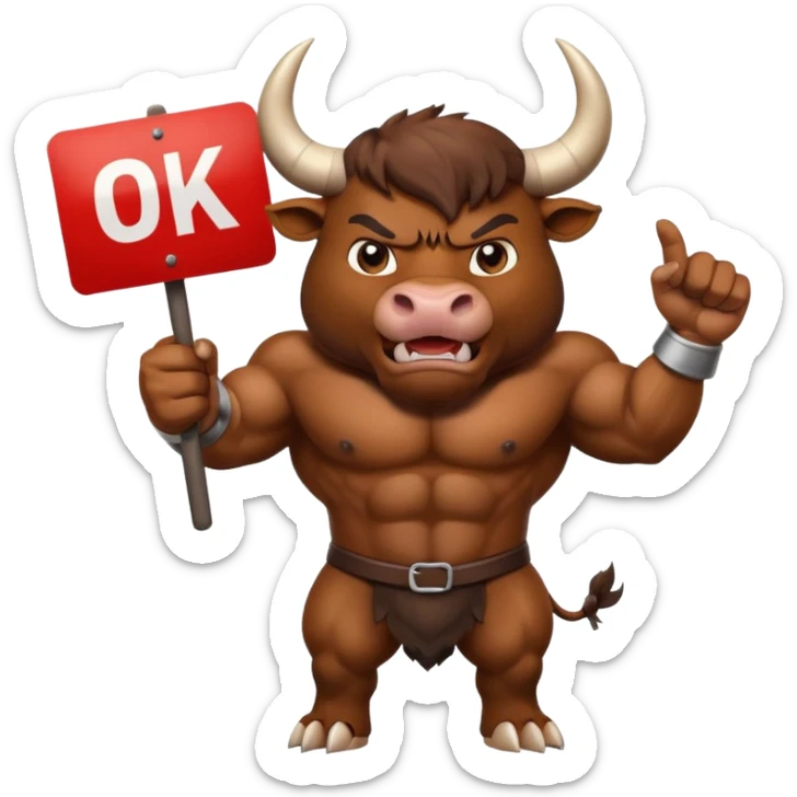 Angry powerful bull emoji holding a sign with the words OK in front of it sticker