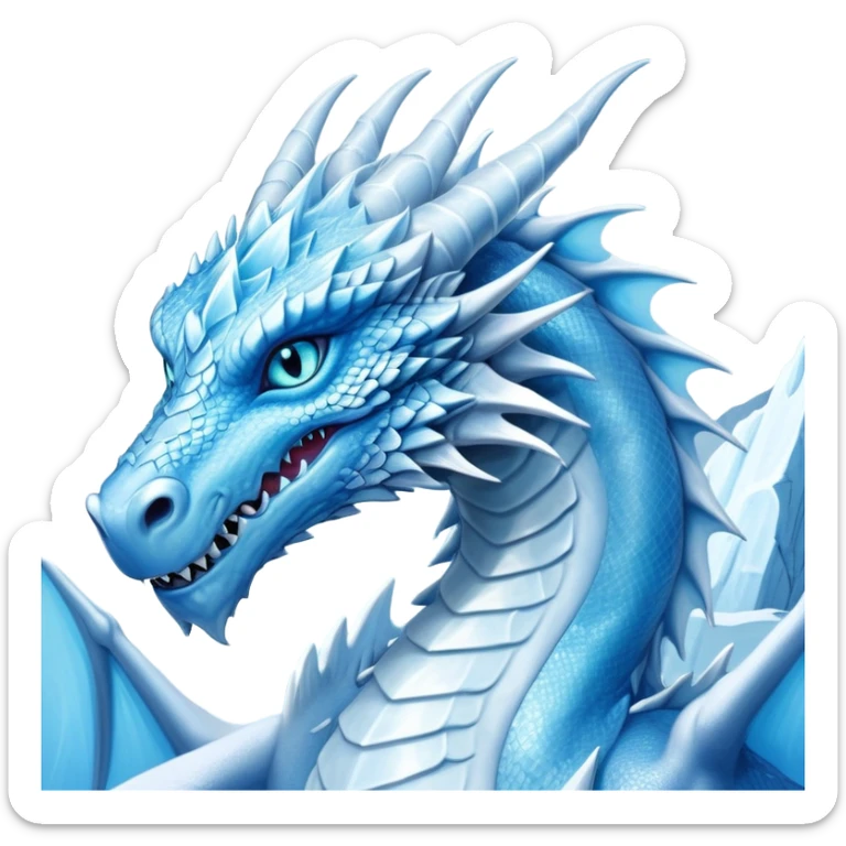 Cinematic Noble wise elegant Ice Dragon Portrait Emoji, Poised and imposing, distinct long elegant snout, with a slender, scaled body shimmering in glacial hues of icy blue, frostbitten silver, and crystalline white, breathing out frost, with piercing, glowing ice blue white eyes that radiate the chilling depths of an arctic storm; rendered in detail. excuding wisdom sticker