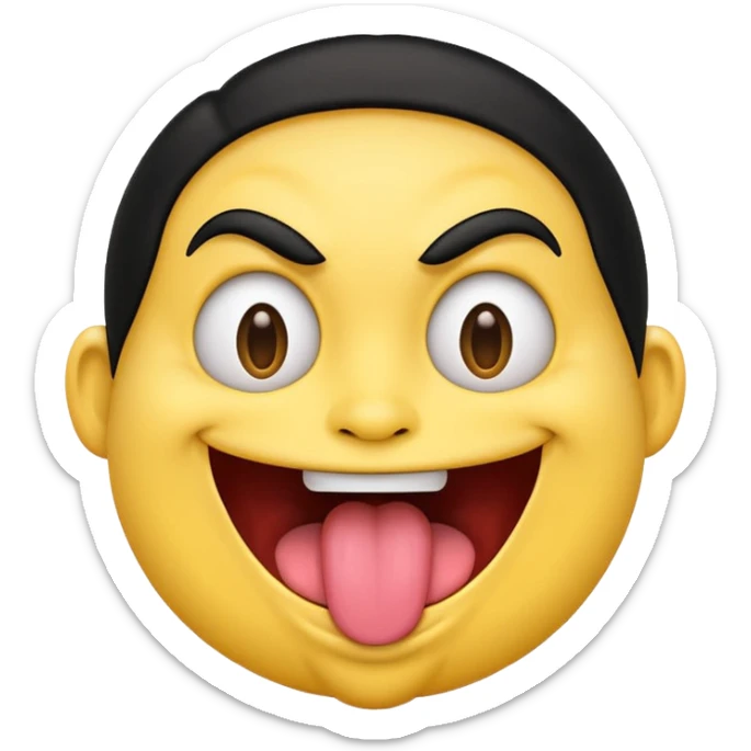 Freaky yellow face emoji smiling really big with huge tongue out and eyes wide open. Tongue should is wagging back and forth. Give him a full head of black hair sticker