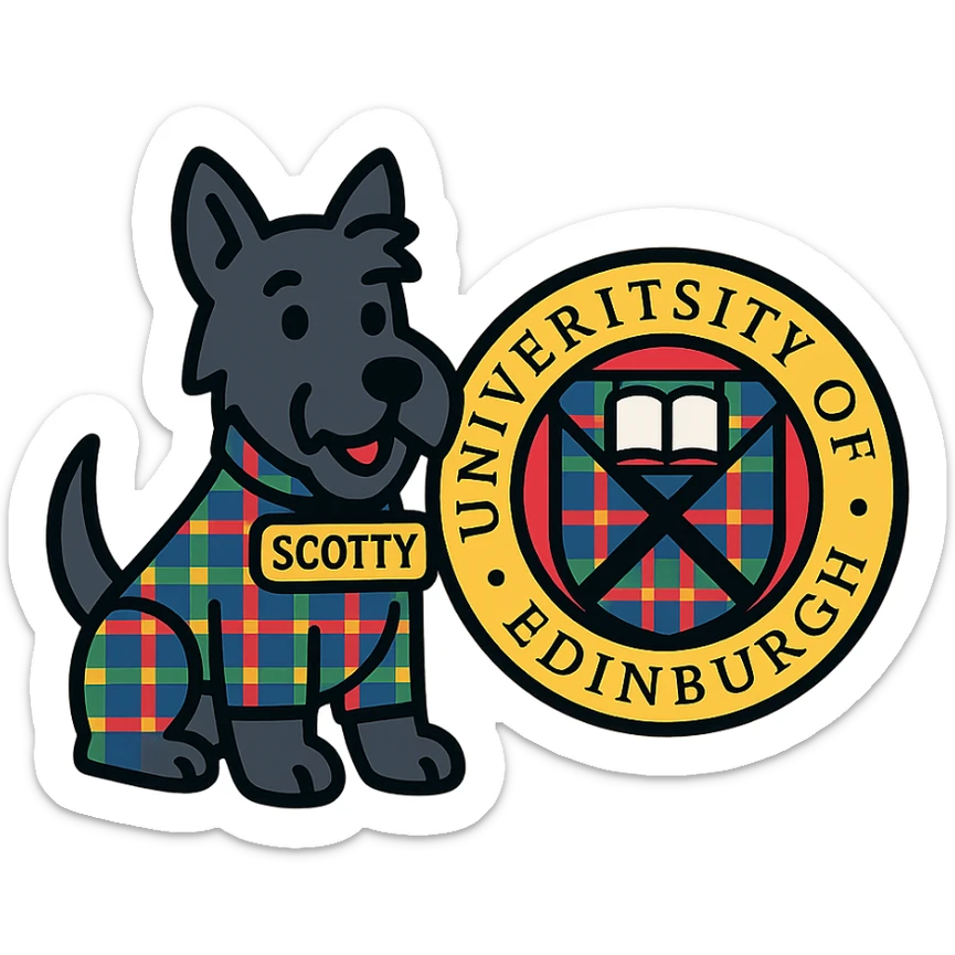 Scotty the Scottish Terrier mascot and the school seal together, both in tartan colors, harmonious composition, modern icon style sticker