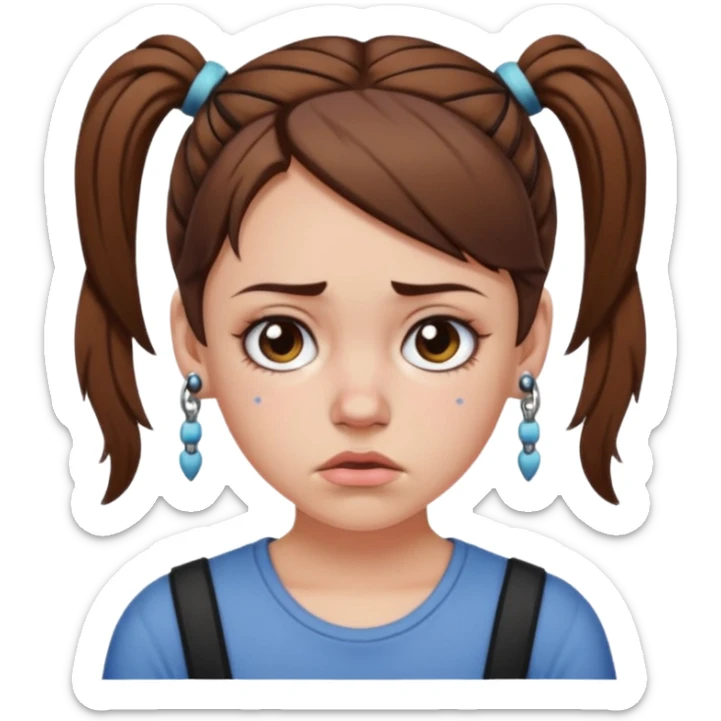 a white girl with brown hair in short pigtails with piercings frowning sticker