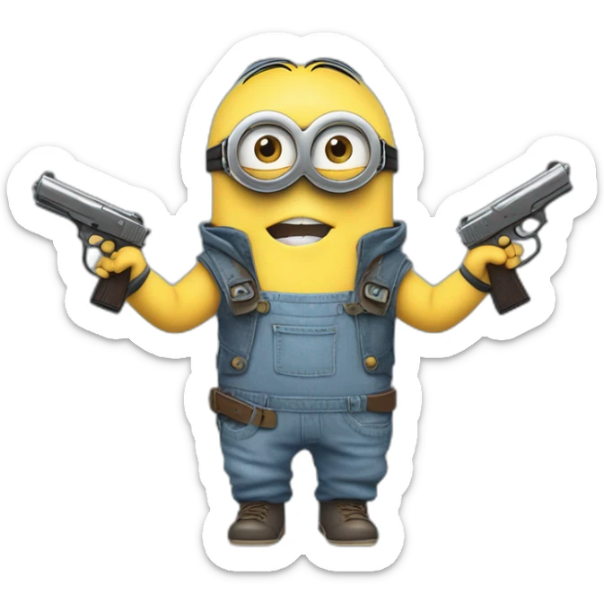 baby minion  in gray pants in a blue sleeveless shirt in a hood and with a collar with two pistols in both hands holds them on both sides raised sticker