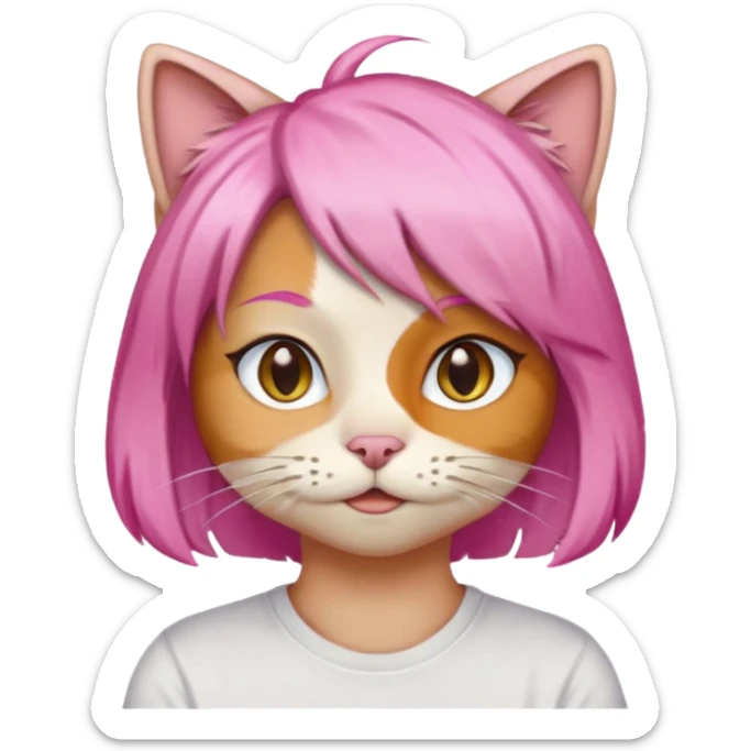 calico cat wear pink hair wig, white T-shirt sticker