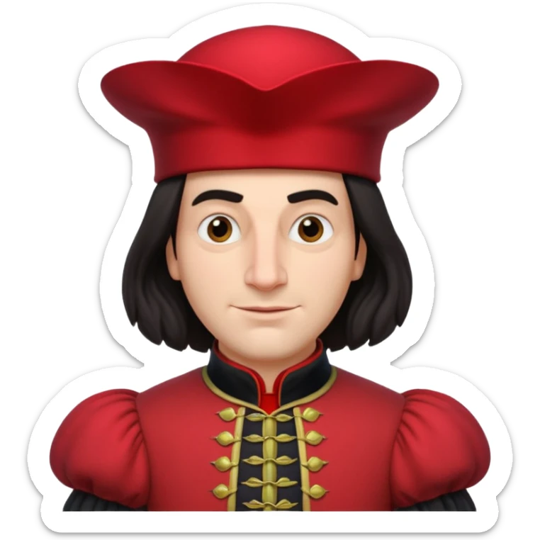 lord farquad avec un chapeau rouge plat sur le dessus, il a un vêtement rouge avec des manches bouffantes sticker