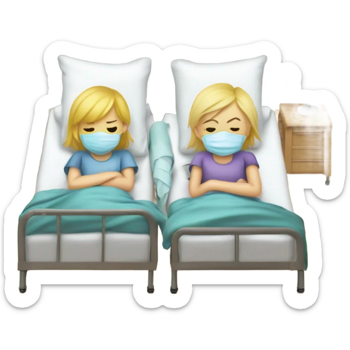 Two blonde children, sick, each in their own bed, wearing surgical masks, one Boy, one girl, at home, get well soon sign with yellow heart sticker