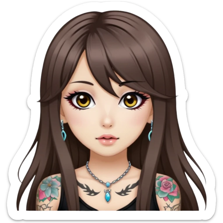 hime gyaru girl, long straight brunette hair, tattoos, dark makeup,  sticker