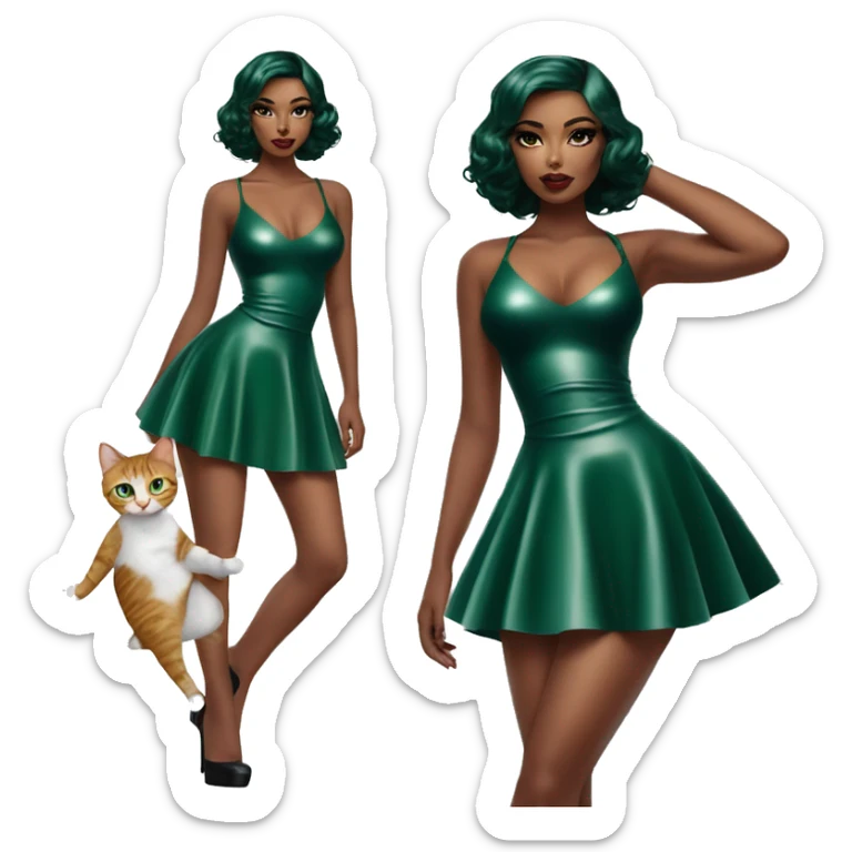 A pin skirt latex dark emerald dress on a female latin goddess with a kitten aura with a short bob a-line  sticker