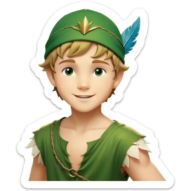 Cinematic Realistic Peter Pan Portrait, depicted with lifelike, youthful skin touched by a gentle sun-kissed glow. His bright, expressive eyes and confident smile evoke a timeless sense of wonder. Dressed in his iconic green tunic and feathered cap, every detail is rendered with soft, natural lighting that highlights his blend of innocence and courageous spirit. sticker
