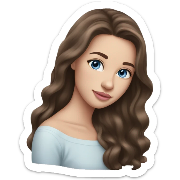 Beautiful teenage girl, long hair, brunette, Brown hair blue eyes, light pink lip color sticker