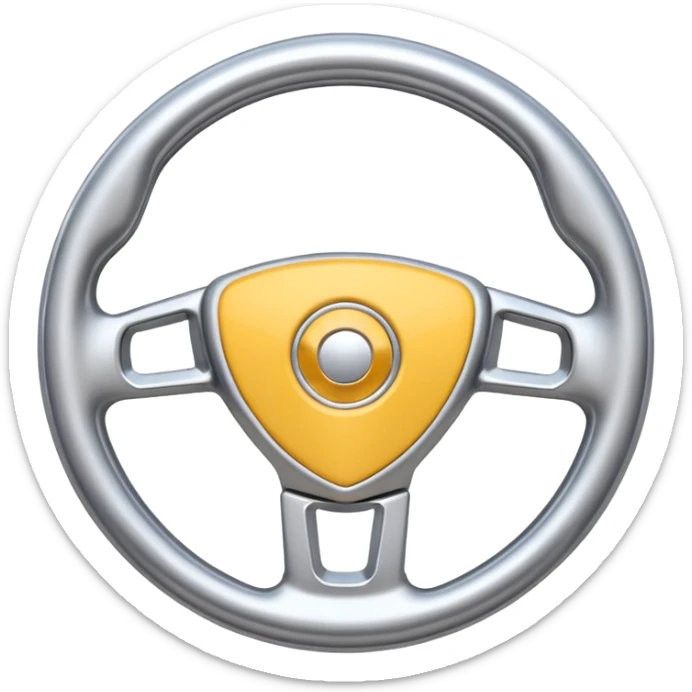 A futuristic steering wheel emoji made of silver chrome, minimal geometric design, smooth metallic surface, soft reflections, iOS emoji style, centered, clean white background sticker
