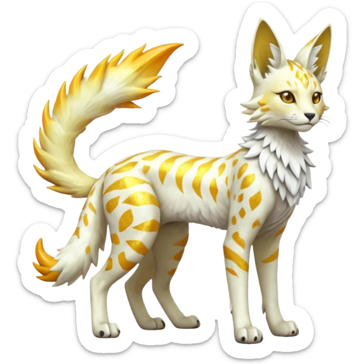 Epic complex fantasy glorious detailed futuristic gloomy sunny, white, albino, pastel, golden, orange glowing sparkly, realistic Fakémon-Sprigatito-Floragato-Meowscarada-Trico-Sergal-Serval-Solgaleo-Vernid-creature (full body) solarpunk, shiny sparkly, iridescent sticker