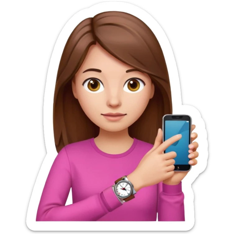 woman wearing a pink long sleeve shirt, loose hair, wearing a watch on the arm, holding a cellphone in hand, apple emoji style sticker