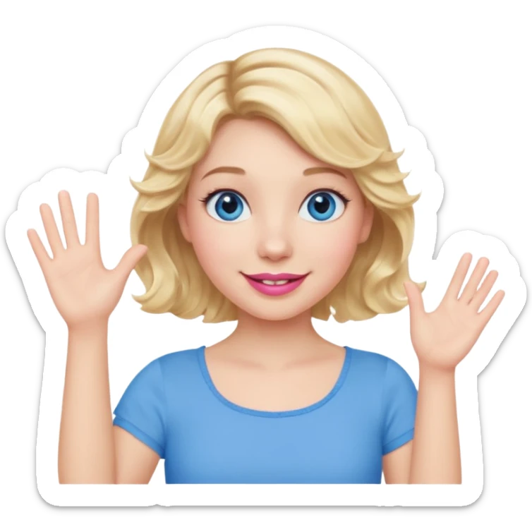 Girl Blonde short wavy hair,  blue eyes, cute blue top, long lashes, pink lips, smiling, waving hello  sticker