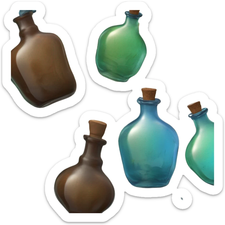 Mysterious Alchemical vintage glass potion bottle, exquisite bottle shape, old and shabby, with label, stylish and minimalistic, brown, blue and green, oil potion is poured out of the bottle, herbal, flowers and oil is spilled next to it sticker