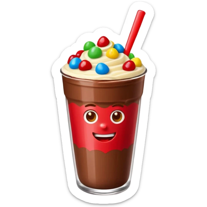 Un vaso cubierto de chocolate que arriba se vea crema batida varias fresas y mym sticker