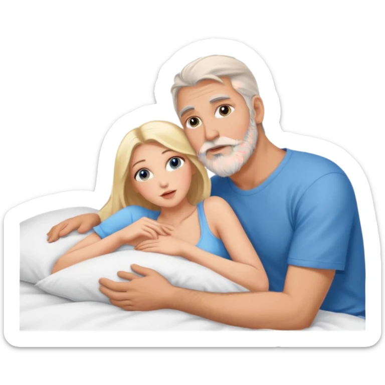 Cuddling Man with hazel eyes and gray beard kissing sexy  blonde blue-eyed  woman in bed sticker