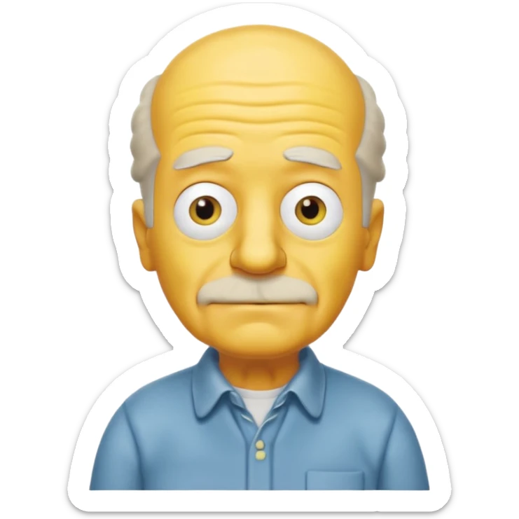 A 3D cartoon close-up portrait of an elderly yellow character styled like Grandpa Simpson, bald head with few tufts of hair, expressive wrinkles, yellow skin and shirt, Memoji-style lighting, matching Simpsons family design. sticker