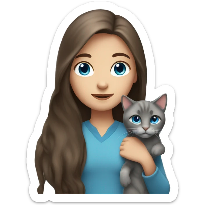 Girl with long brown hair and blue eyes holding a gray cat sticker