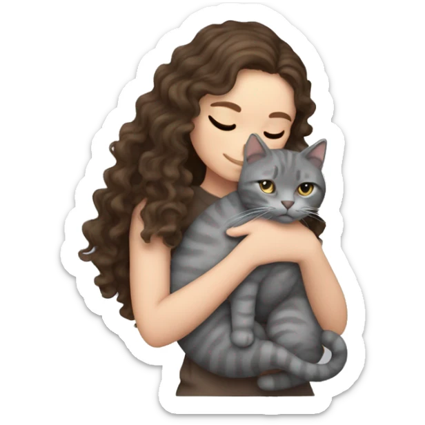 White Girl curly brunette hair cuddling with grey cat sticker