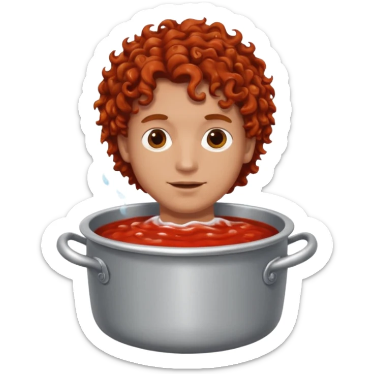 a white man with brown curly hair swimming in a pot of sauce sticker