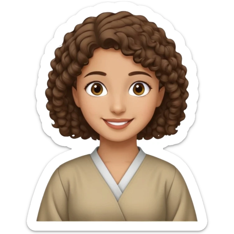 Palestinian girl emoji style, smiling, short curly brown hair, wearing a thobe dress, minimal background sticker