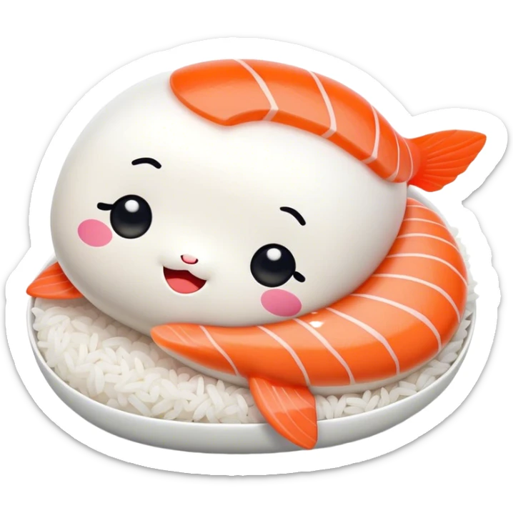Cute Kawaii Nigiri Sushi, plump and happy, a soft white rice pillow topped with bright orange salmon, tiny blushing cheeks, big round eyes, a joyful floating expression! sticker