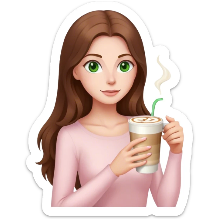pretty woman with very long brown hair and green eyes and light pink outfit drinking a latte sticker