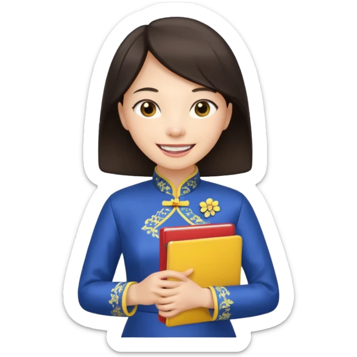 Teacher emoji but : european volume dark brown hair, light skin, no glasses, dark eyes, with a computer folder in the hand (color is yellow), being a teacher, wearing a chinese qipao ( dark blue), smile with teeth





 sticker