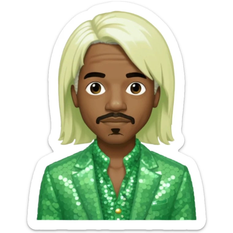 Andre 3000 from Outkast with long white blonde hair, pale green sequin outfit sticker