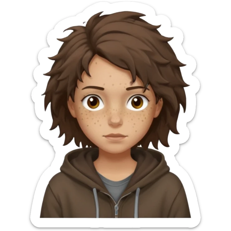 Hobo tomboy with light skin, freckles, dark brown shoulder-length hair in a messy style. Brown eyes, dark brown hoodie, brown shirt. sticker