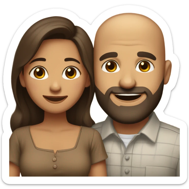 Brown-haired Puerto Rican woman with dark brown eyes wearing a cute blouse giving comforting hug to short, bald man with brown eyes, laugh lines, and a beard sticker