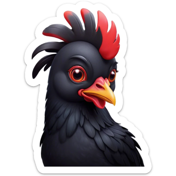Cinematic Cute Black Chicken Portrait Emoji, Head tilted playfully and inquisitively, featuring sleek, lustrous black feathers and a vibrant red comb, round, sparkling beady eyes filled with curiosity, Simplified yet irresistibly adorable features, highly detailed, glowing with a warm, friendly glow, high shine, affectionate and lively, stylized with a touch of whimsical charm, bright and endearing, soft glowing outline, capturing the essence of a mischievous yet loving chicken, so playful it feels like it could peck out of the screen and into your arms! sticker