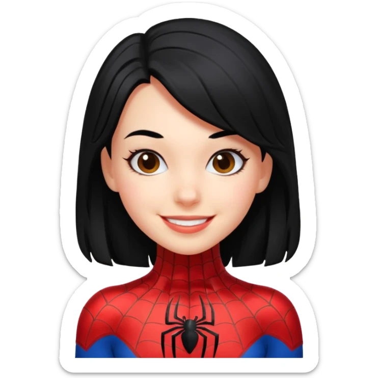 emoji of a girl with black hair and a Spiderman suit, smiling sticker