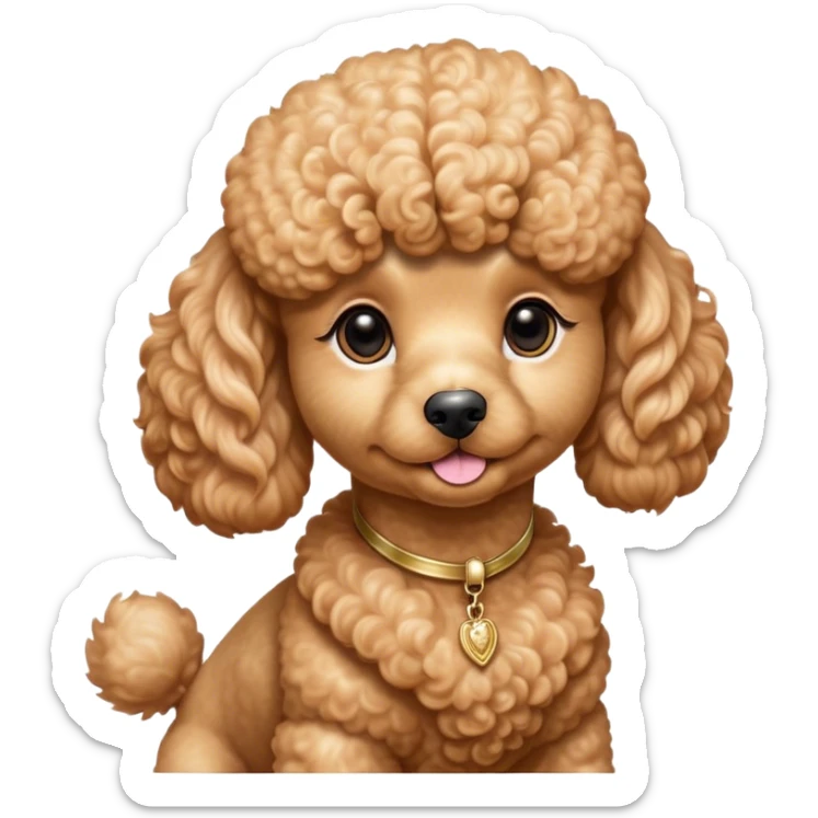 Cinematic Noble Apricot Poodle Portrait Emoji, Poised and regal, with a refined, elegant build and a meticulously groomed, curly apricot Fur, deep-set soulful warm eyes, Simplified yet sharp and sophisticated features, highly detailed, glowing with a soft, dignified glow, high shine, intelligent and graceful, stylized with an air of sophistication, focused and attentive, soft glowing outline, capturing the essence of a watchful and confident companion, so majestic it feels as though it could prance out of the screen with effortless authority! sticker