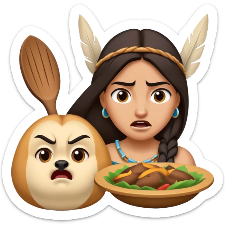 Cinematic Funny Pocahontas Portrait Emoji, Looking bewildered as Meeko steals her food, one brow raised in playful frustration, a warrior princess caught in a hilariously relatable moment, wild yet endearing! sticker