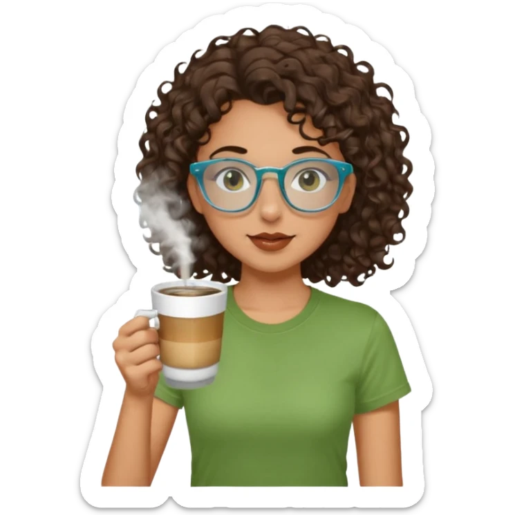 White girl with dark brown curly hair, brown eyes, sky blue glasses, nose ring, green t shirt, drinking coffee from a glass cup sticker