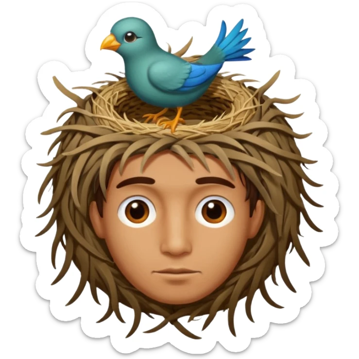 Man who has a birds nest on top of his head for hair sticker