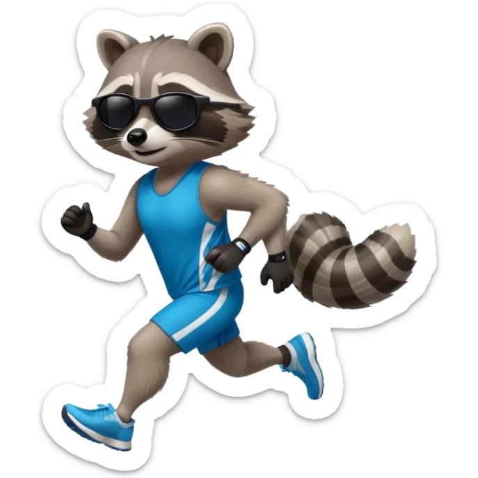 friendly anthropomorphised raccoon in sports wear, wearing dark sunglasses, jogging upright in relaxed pose sticker