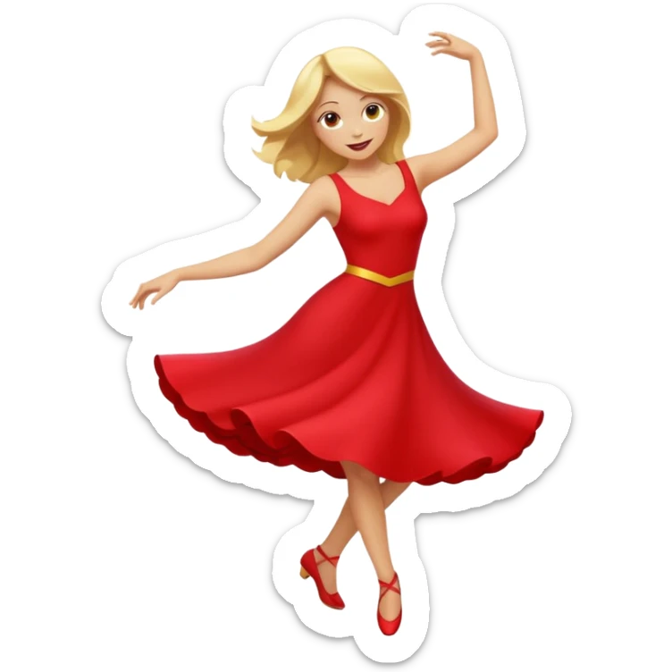 a yellow-blonde woman dancing wearing a red dress, in flat emoji / Apple style, smooth shapes, glossy highlights, bright saturated colors, simple features, minimal details, no outlines, red clothes flowing, joyful pose
 sticker