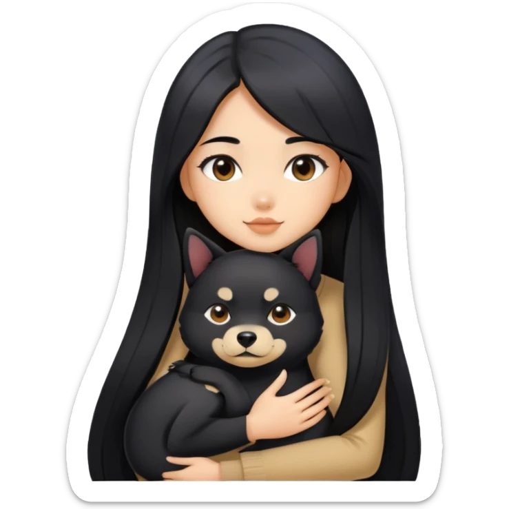 A beautiful girl with long black hair hugs a Black Shiba Lnu sticker
