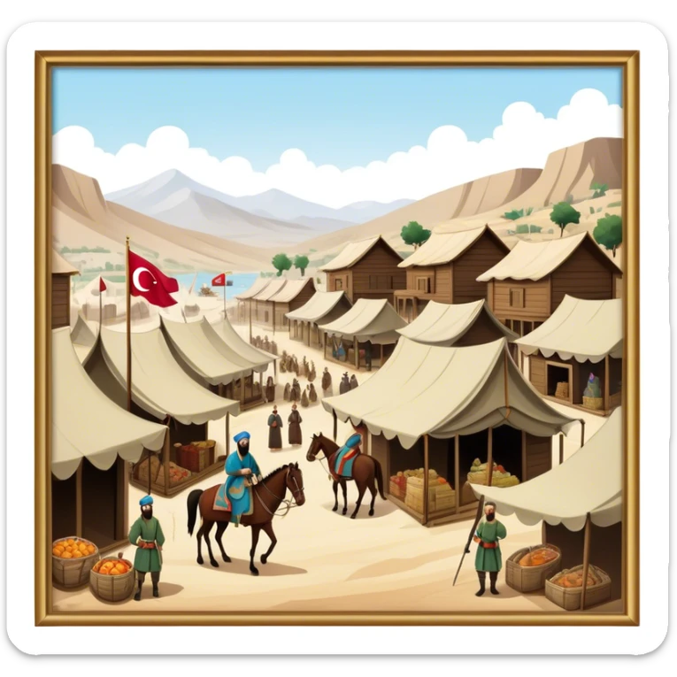 Early Ottoman settlement being built. Wooden houses, tents, and a small market. People in traditional Ottoman clothes, soldiers on horseback, and a flag waving sticker