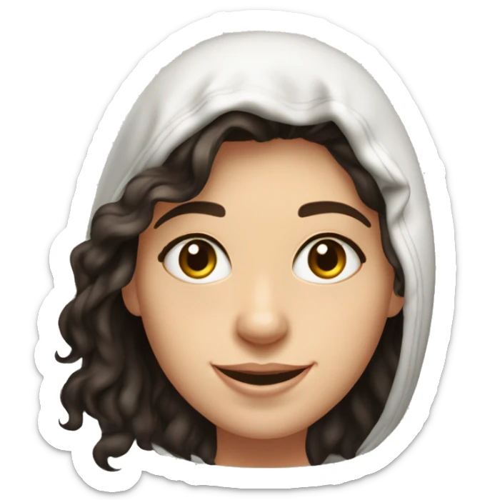 22-year-old woman. Girl with really really dark brown shoulder-length beach waves. Dark brown eyes with a HUGE OPTIMISTIC SMILE." WEST_EUROPEAN WHITE SKIN HOODED EYES NO EARRINGS  BLACK SHIRT WITH Dyslexic on it  sticker