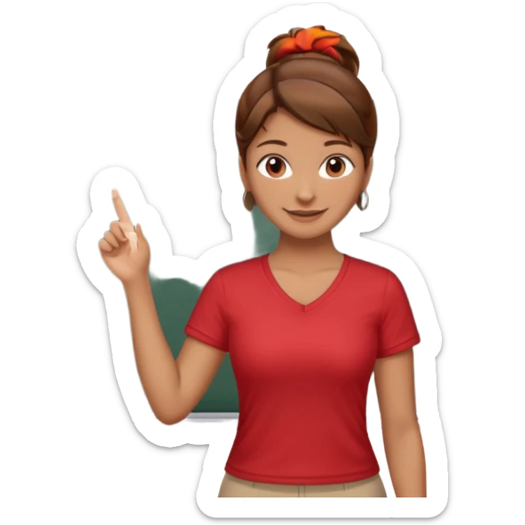 Happy instructor female brown hair whit board hair up red shirt sticker