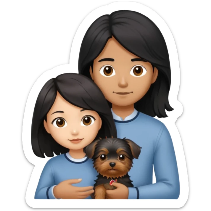 A couple holding holding a small Yorkshire Terrier together. The girl is an Asian girl with long, luscious wavy black hair (loose, no hair tie). She is standing beside a brown-skinned man with a short middle part haircut.  sticker